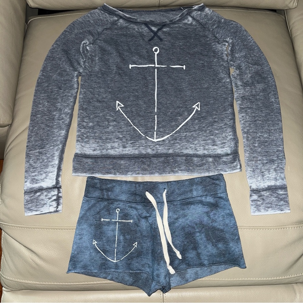 Junior 2pc DELIA’S Anchor Graphic blue Longsleeve Top & Drawstring Shorts sz XXS